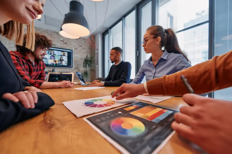 Equipe de marketing reunida analisando paletas de cores em um escritório moderno
